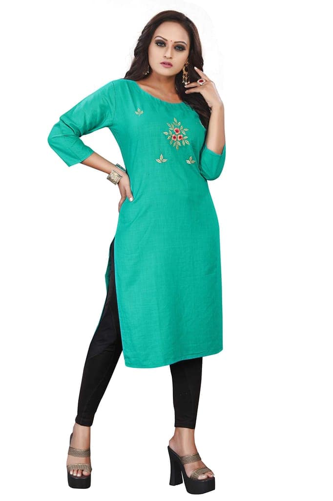 STYLEOO Women's Ruby Slub 3/4 Sleeves Embroidered Kurti (M, L, XL, XXL Light Green) view 3