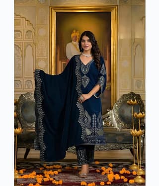 BHAGYASHRAY Velvet Embroidered Kurti With Pants Women's Stitched Salwar Suit - Blue ( Pack of 1 )