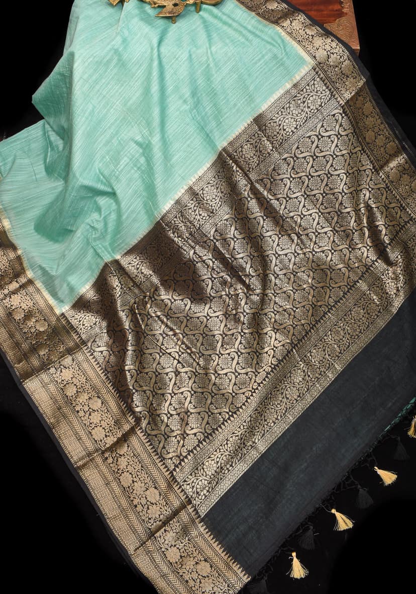 Aquamarine Linen Banarasi Saree with Black Zari Border