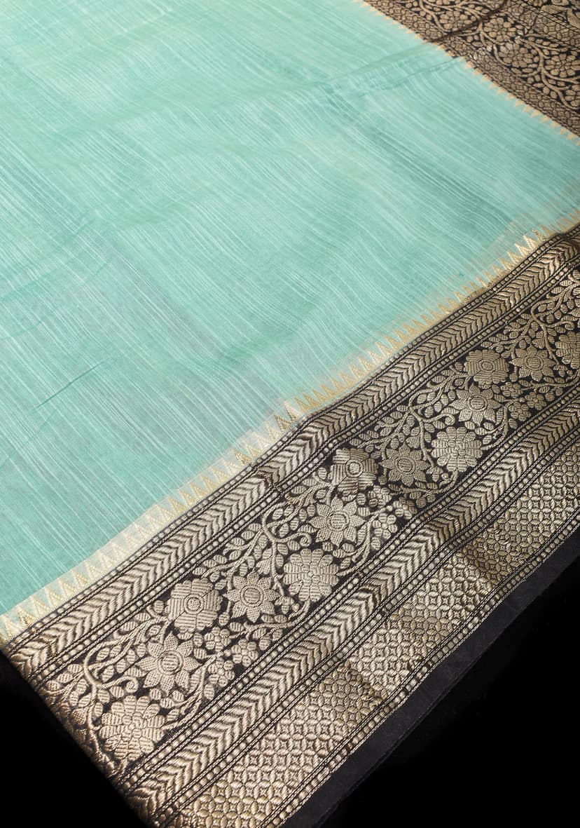 Aquamarine Linen Banarasi Saree with Black Zari Border view 2