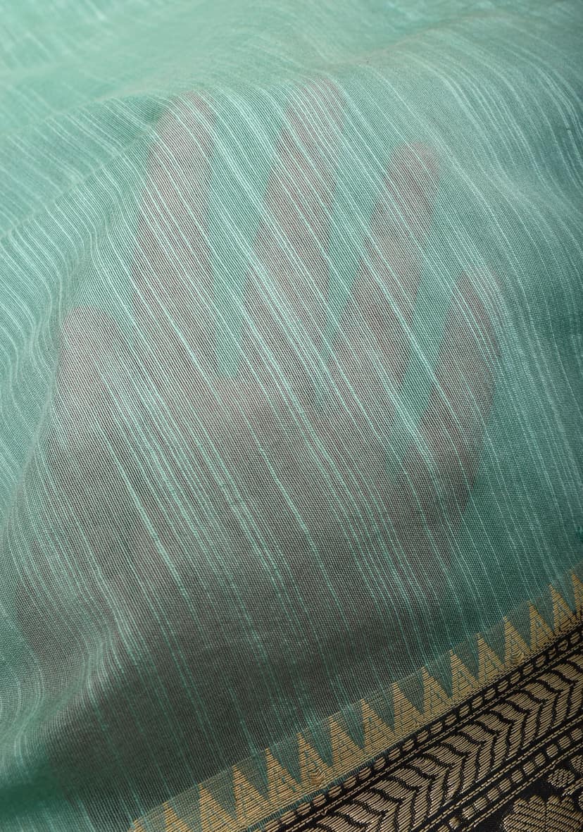Aquamarine Linen Banarasi Saree with Black Zari Border view 3