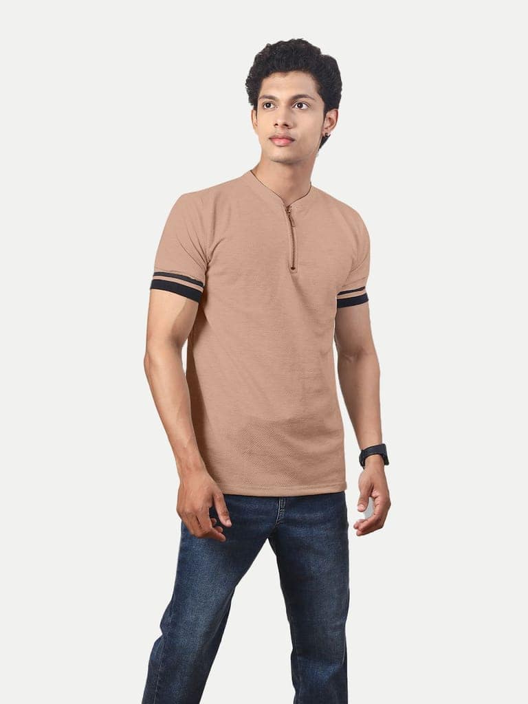 Men Solid Tees Henley Neck- Beige Colour