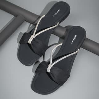 Black Women Diamante Strap Flats