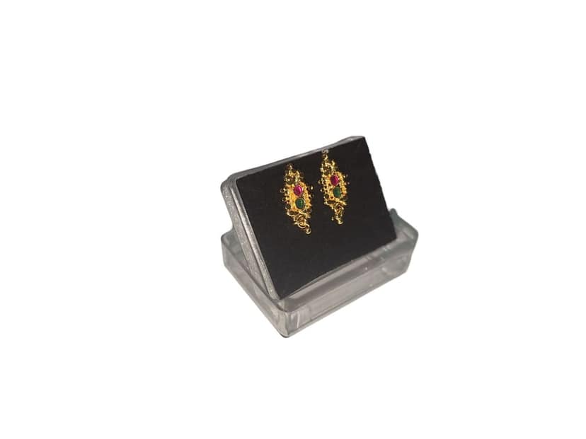 Gold Plated Traditional Indian Jhumka Earrings with Ruby and Emerald Stones view 2