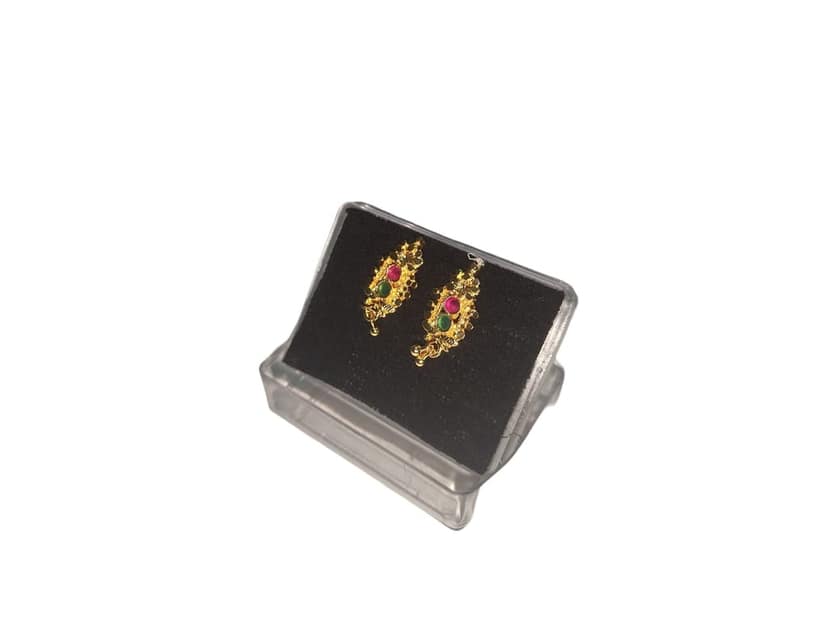 Gold Plated Traditional Indian Jhumka Earrings with Ruby and Emerald Stones view 3