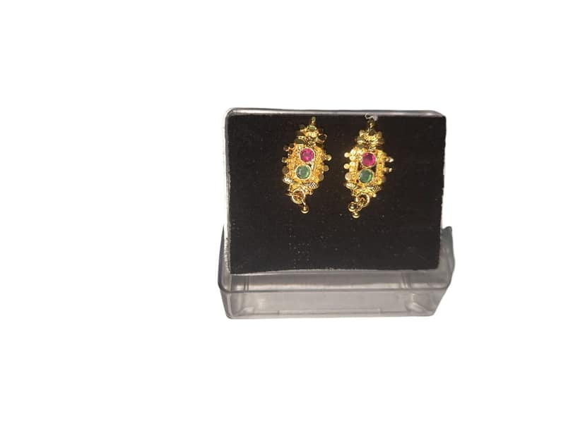Gold Plated Traditional Indian Jhumka Earrings with Ruby and Emerald Stones view 4