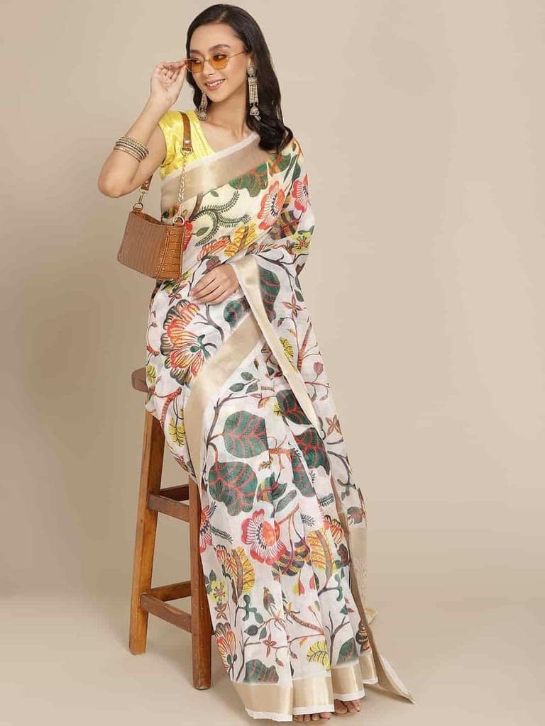 Women's Coral White Zari Woven Digital Print Design With Unstiched Blouse Piece view 2