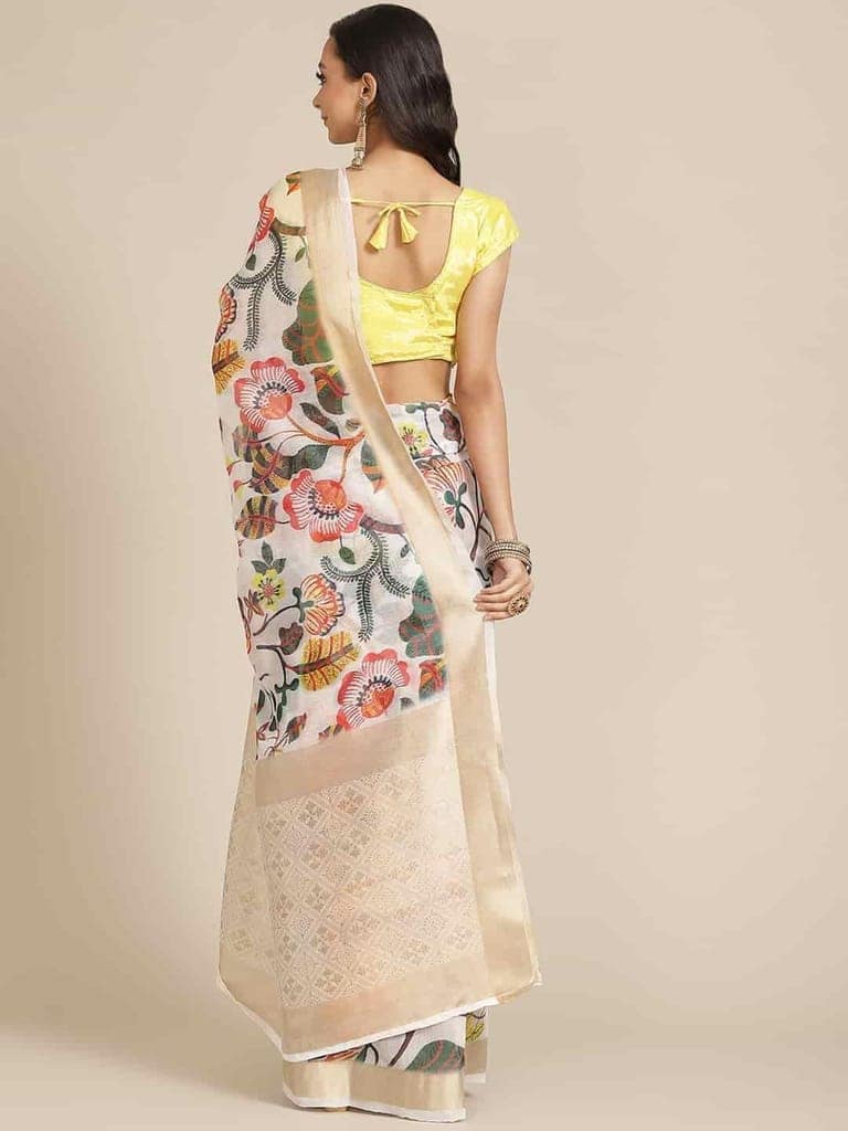 Women's Coral White Zari Woven Digital Print Design With Unstiched Blouse Piece view 3