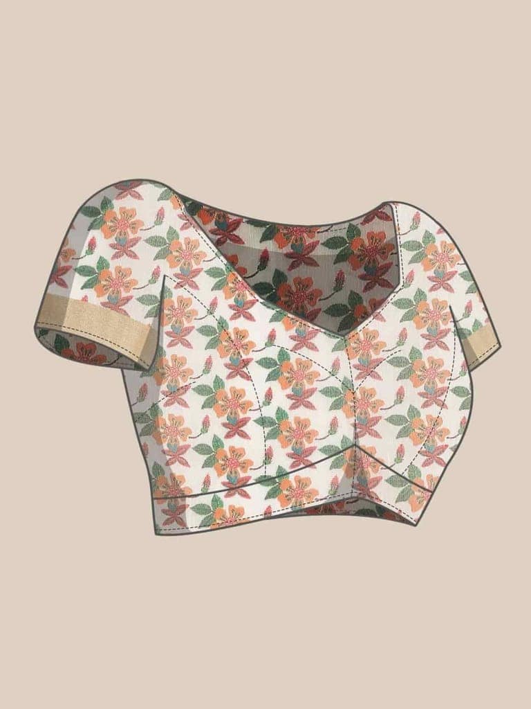 Women's Coral White Zari Woven Digital Print Design With Unstiched Blouse Piece view 7