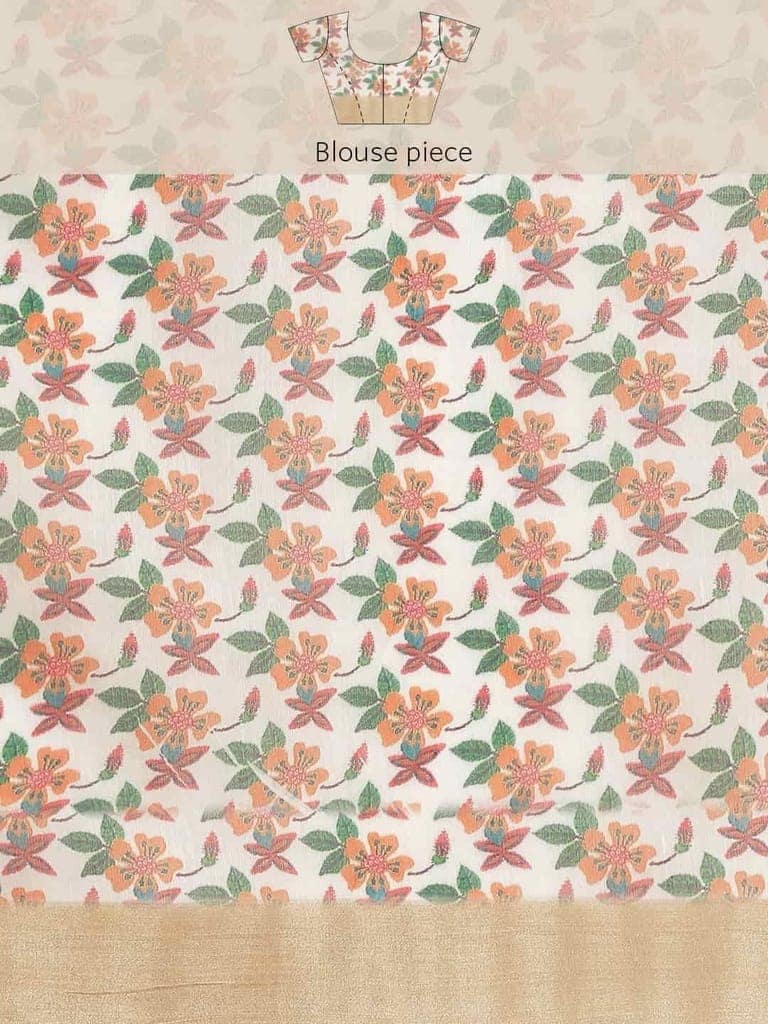 Women's Coral White Zari Woven Digital Print Design With Unstiched Blouse Piece view 8