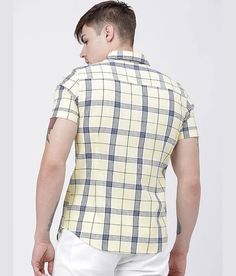 Highlander Cotton Blend Slim Fit Checks Half Sleeves Men's Casual Shirt - Yellow ( Pack of 1 ) view 4