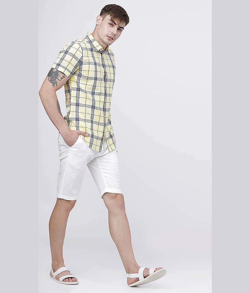 Highlander Cotton Blend Slim Fit Checks Half Sleeves Men's Casual Shirt - Yellow ( Pack of 1 ) view 5