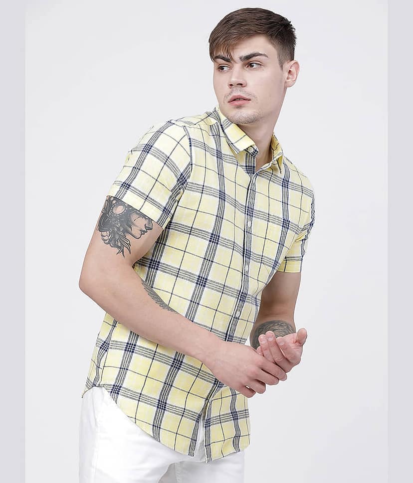 Highlander Cotton Blend Slim Fit Checks Half Sleeves Men's Casual Shirt - Yellow ( Pack of 1 ) view 6