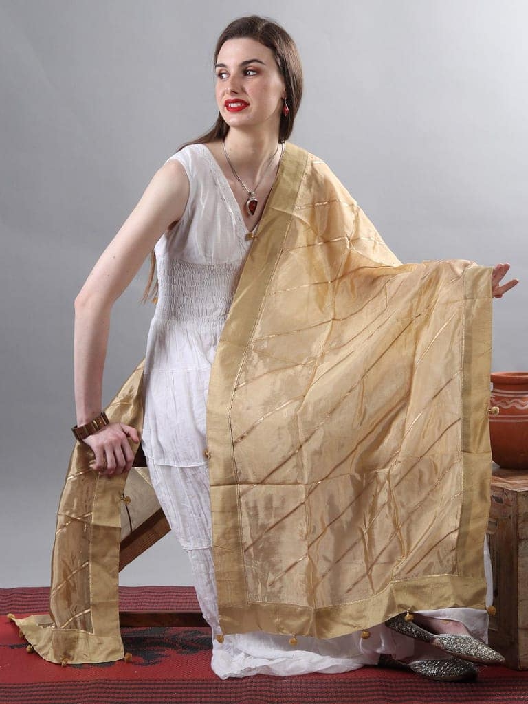 Italian-Straw Gota Dupatta from Amritsar with Patch Border and Pom-Poms view 2