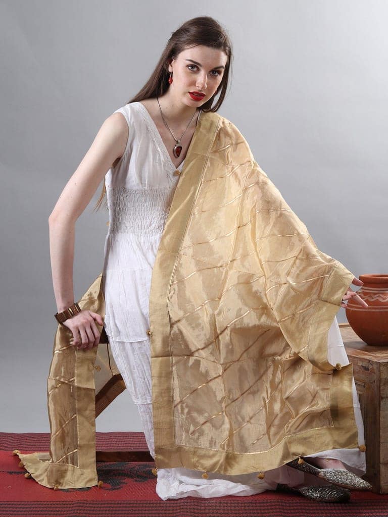 Italian-Straw Gota Dupatta from Amritsar with Patch Border and Pom-Poms view 3