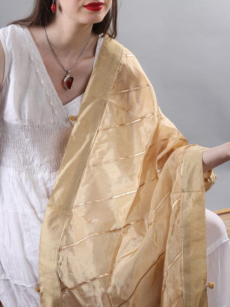 Italian-Straw Gota Dupatta from Amritsar with Patch Border and Pom-Poms view 4