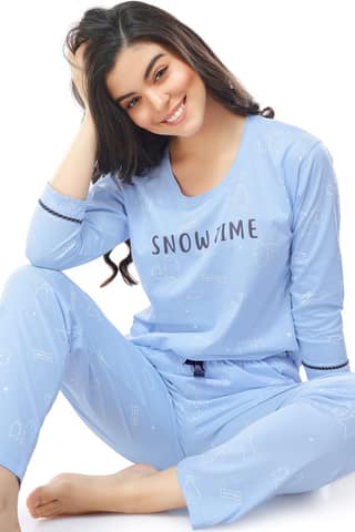ZEYO Women's Cotton Blue Bear Printed Stylish Night suit set