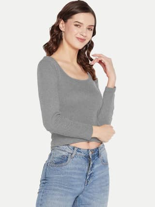 Women Grey Melange Knitted Ribbed Full Sleeve Tops
