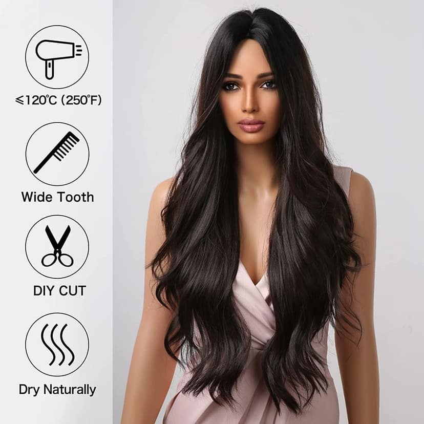 Akashkrishna Hair Wig Black Wavy Wig for Women 24 Inch Synthetic Curly Black Wavy Wig Middle Part Natural Looking Hair Heat Resistant Fiber Wigs for Daily Party Use (Natural Black) view 4