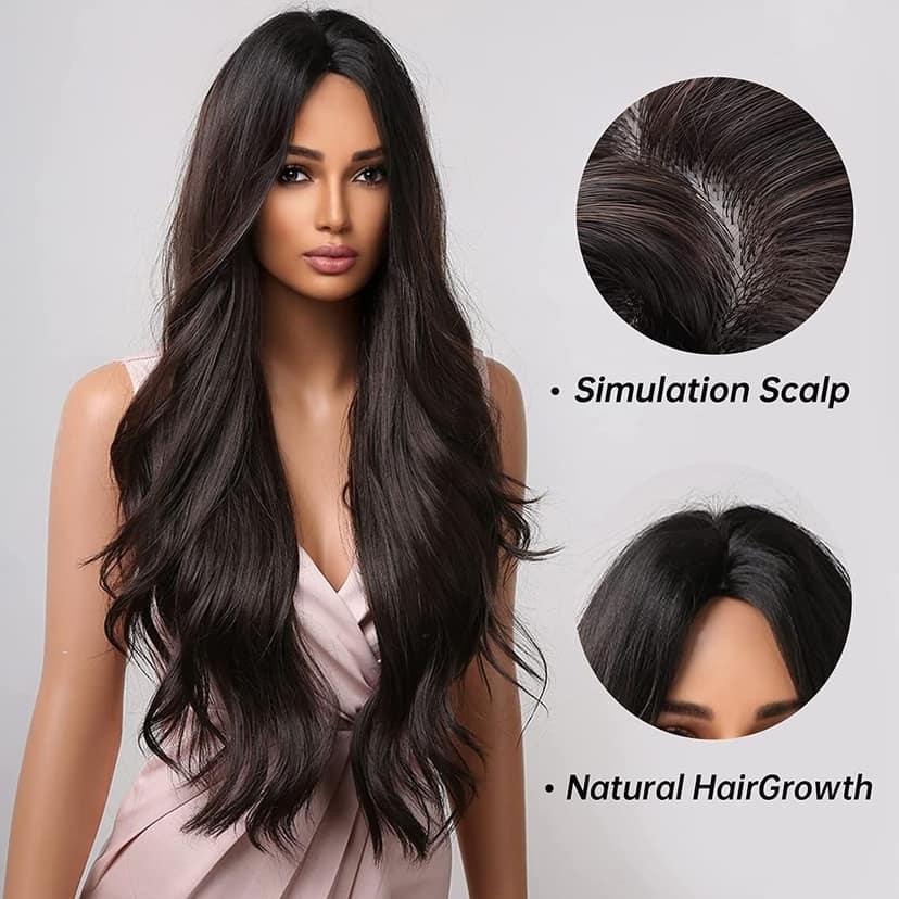 Akashkrishna Hair Wig Black Wavy Wig for Women 24 Inch Synthetic Curly Black Wavy Wig Middle Part Natural Looking Hair Heat Resistant Fiber Wigs for Daily Party Use (Natural Black) view 5