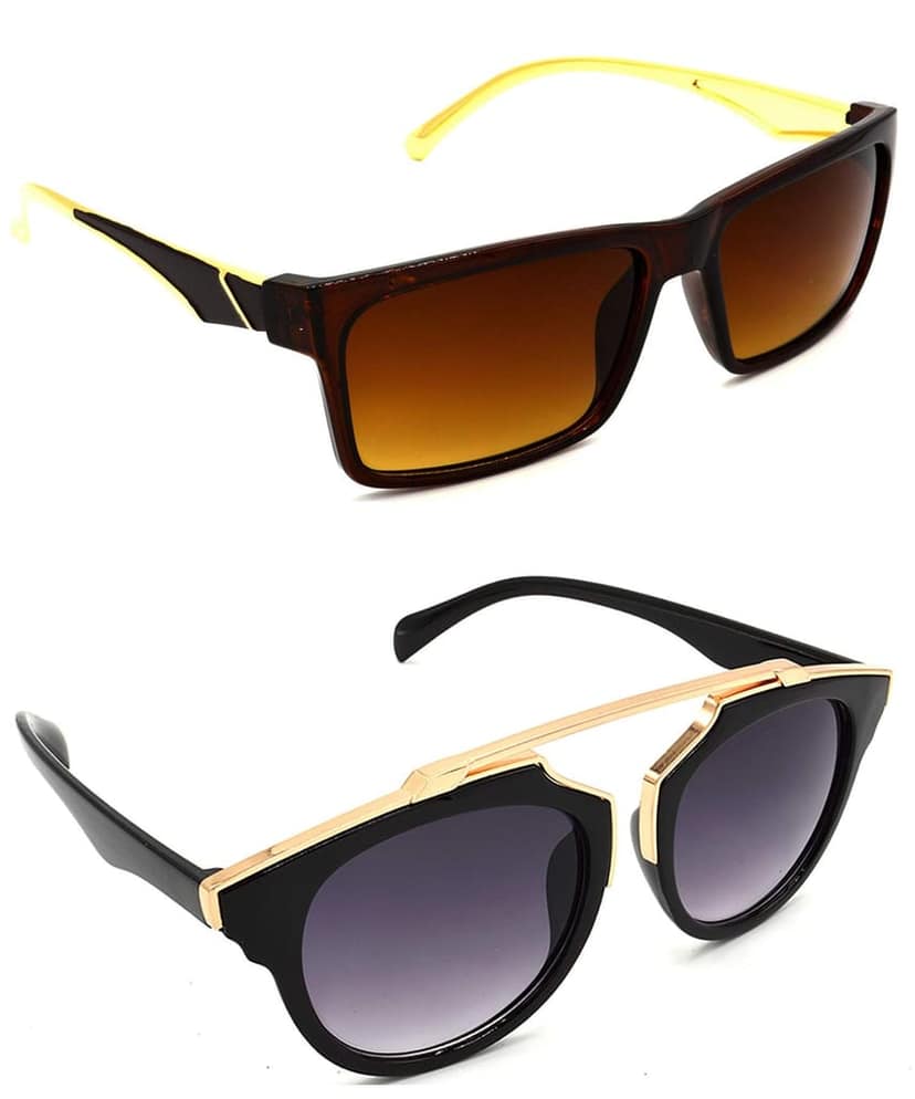 Hrinkar Unisex Rectangular Sunglasses Golden Frame, Brown & Grey Lens (Medium) - Pack of 2