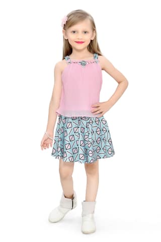 Be:Kids Enchanted Summer Pleated Pink Tank Top and Blue Printed Skater Skirt Set