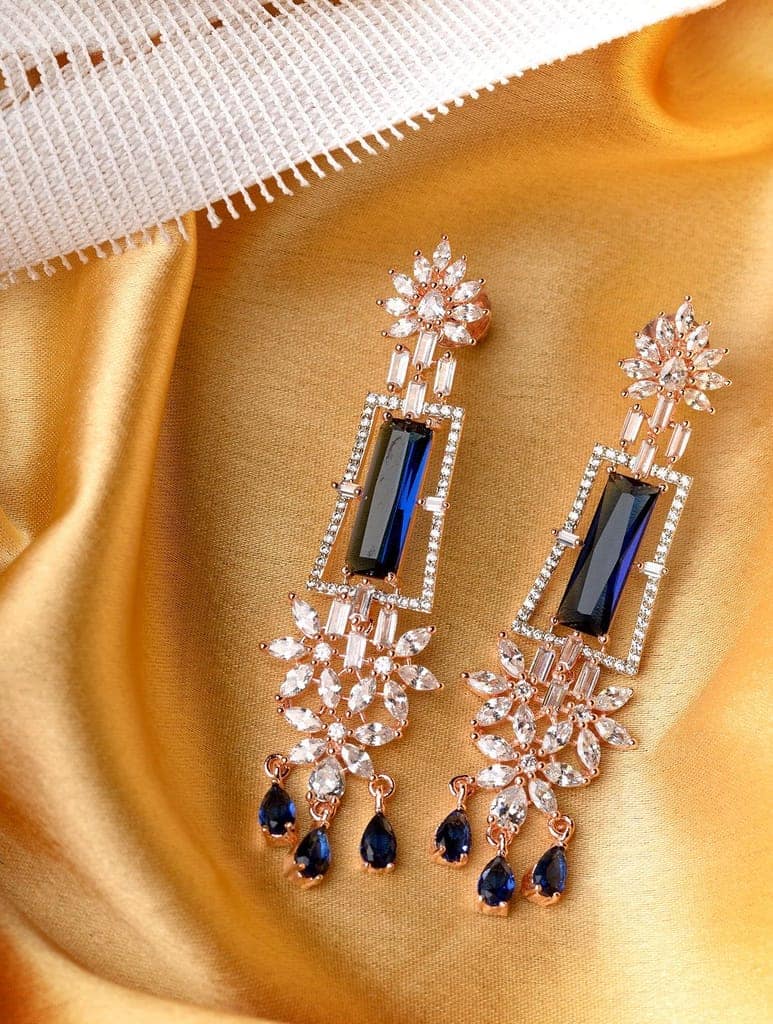 Rose Gold plated Blue AD studded Drop Earrings view 2