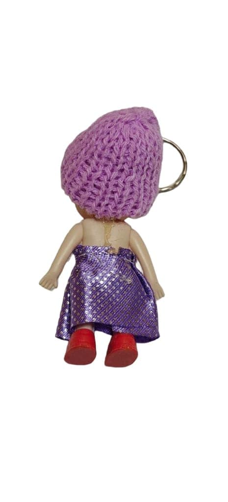 Cute Purple Knitted Hat Doll Keychain with Polka Dot Pants view 2