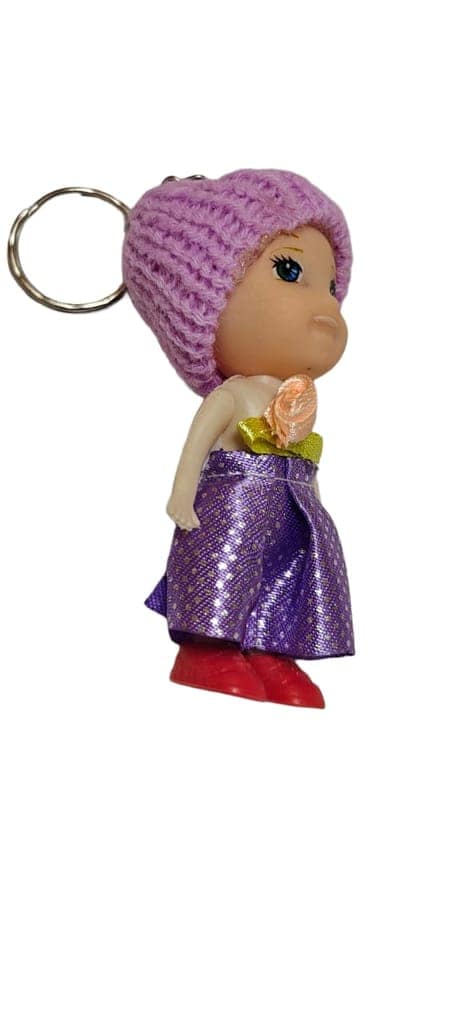 Cute Purple Knitted Hat Doll Keychain with Polka Dot Pants view 3