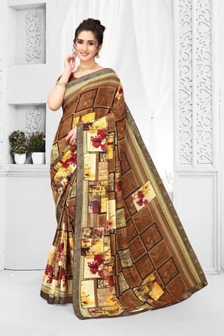 TheHangr Beautiful Printed Pure Georgette Saree Less Border With Cotton Silk Blouse Piece - Brown