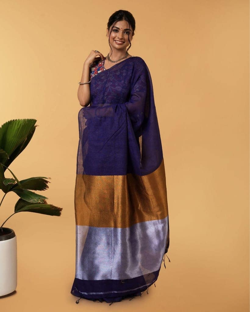 Silk Linen Plain Saree Dark Blue Color with contrast border and attached Running Blouse (Any Colour Customizable)-1282 view 2
