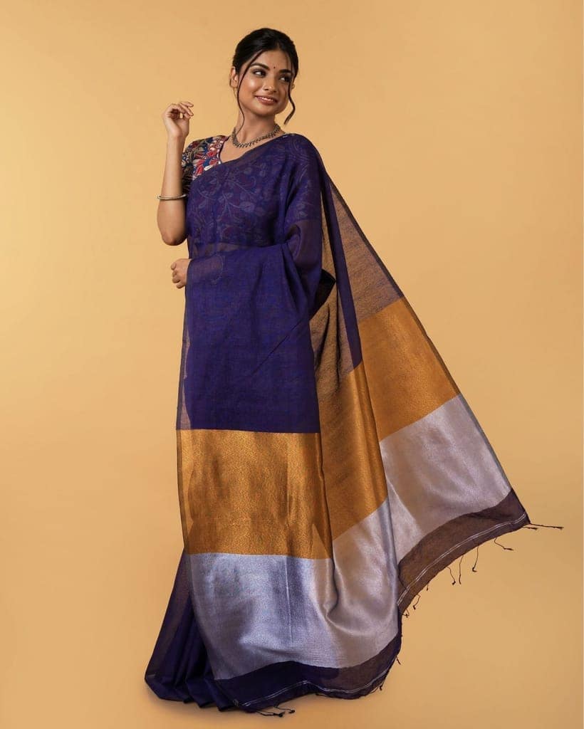 Silk Linen Plain Saree Dark Blue Color with contrast border and attached Running Blouse (Any Colour Customizable)-1282 view 3