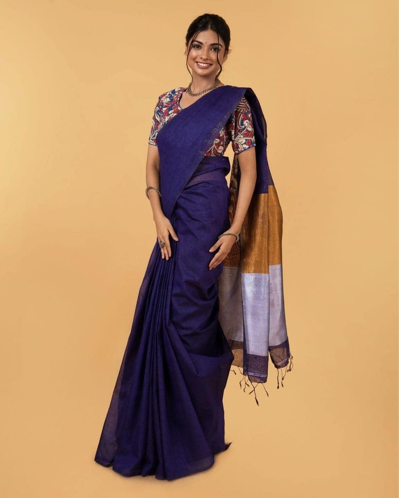 Silk Linen Plain Saree Dark Blue Color with contrast border and attached Running Blouse (Any Colour Customizable)-1282 view 5