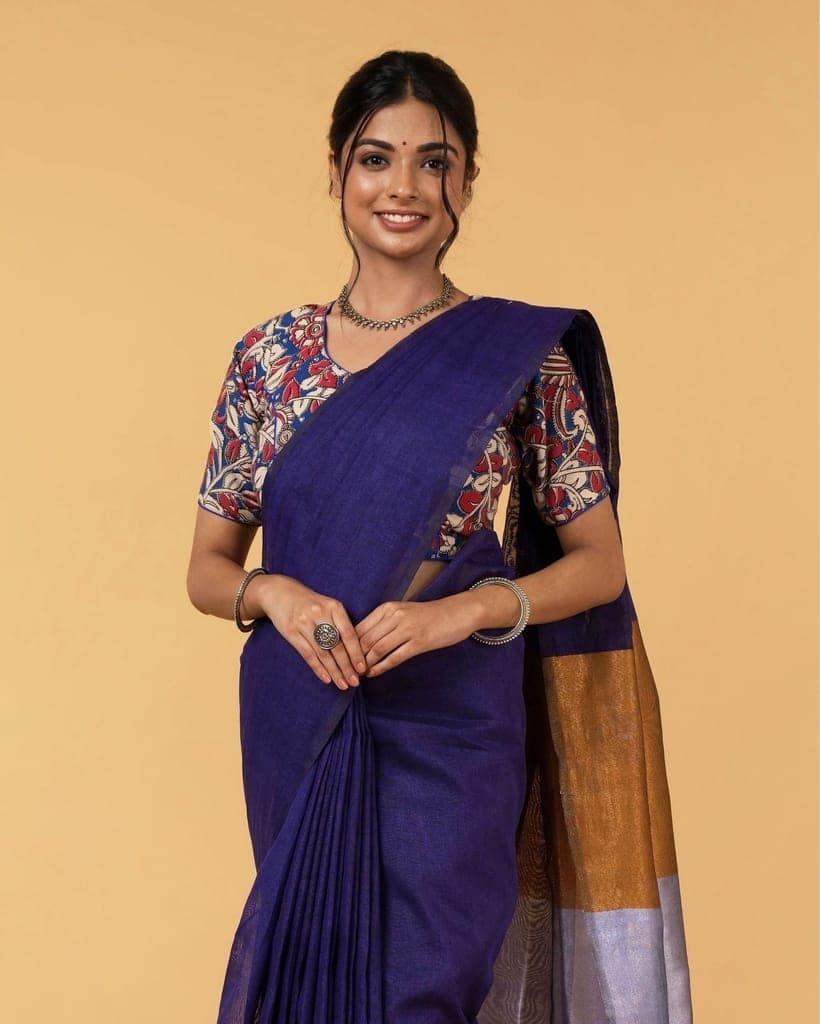 Silk Linen Plain Saree Dark Blue Color with contrast border and attached Running Blouse (Any Colour Customizable)-1282 view 6