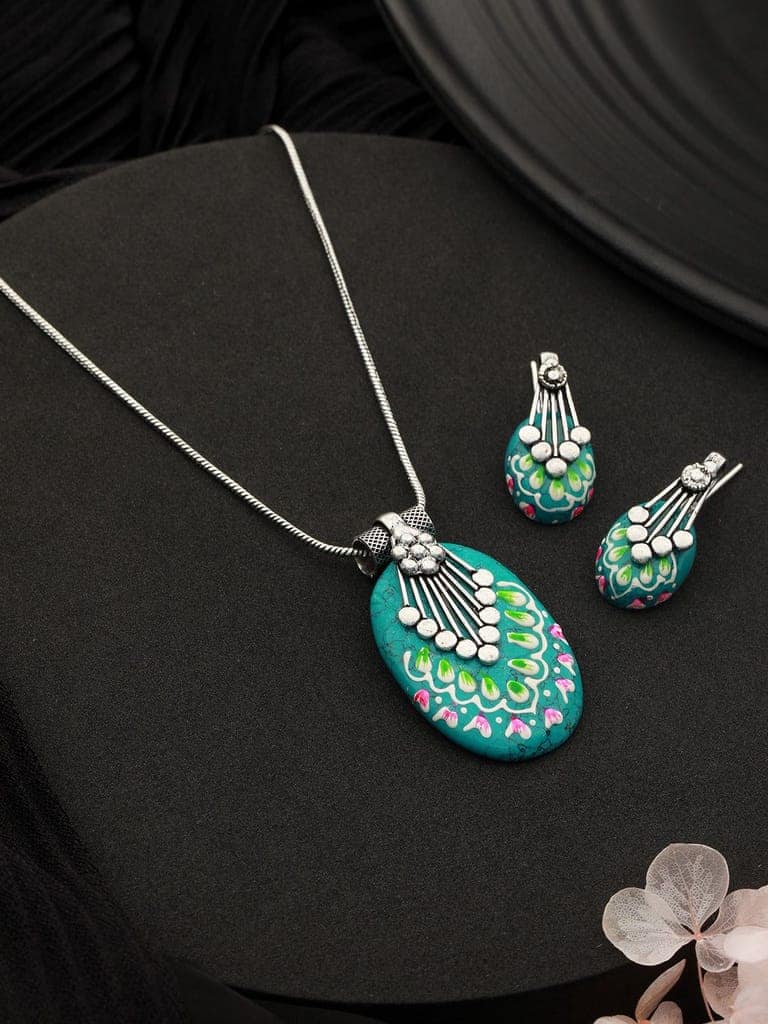 Oxidised Hand Painted & Mint Enamelled Locket Jewellery Set view 2