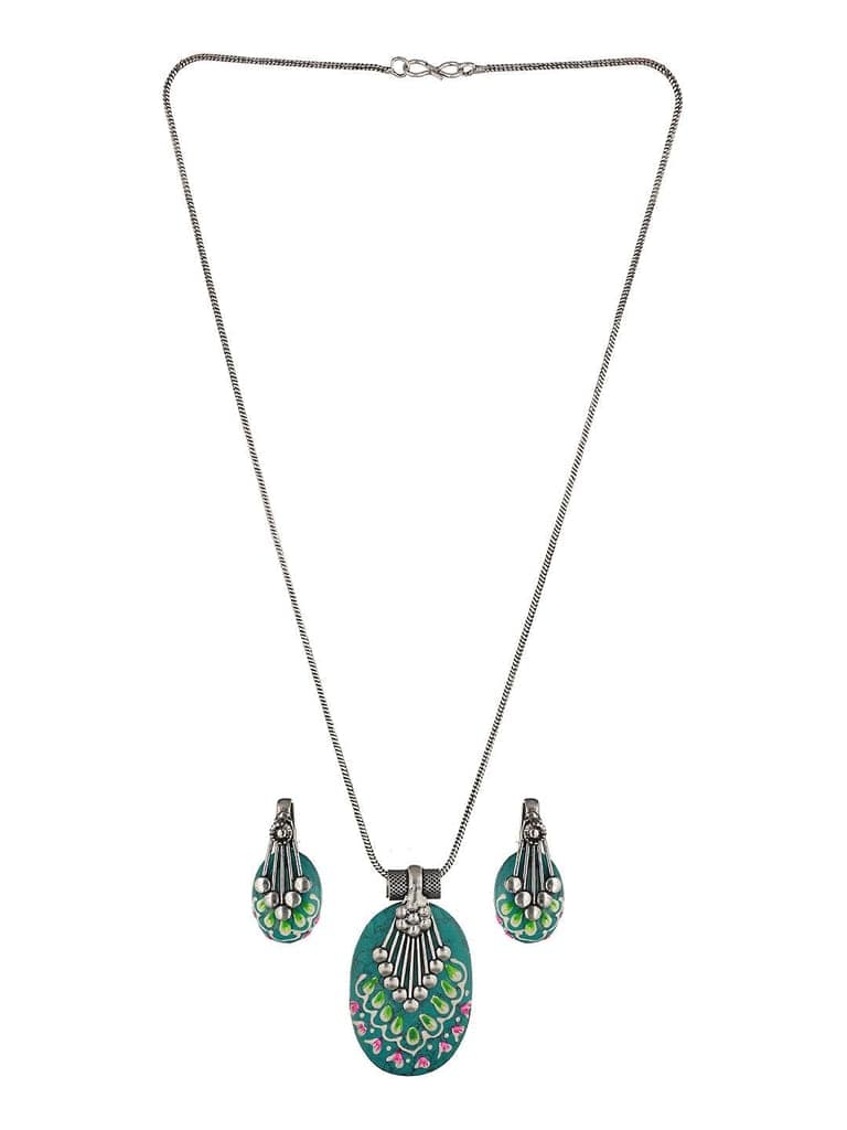Oxidised Hand Painted & Mint Enamelled Locket Jewellery Set view 3