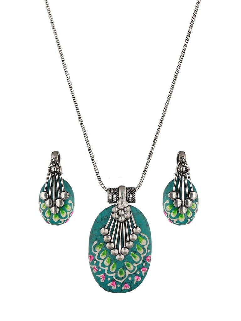 Oxidised Hand Painted & Mint Enamelled Locket Jewellery Set view 7