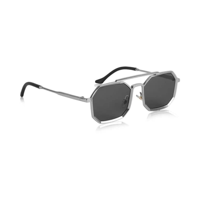 4Flaunt Full Rim Irregular Rectangular Sunglasses | Goggles For Men & Women | 100% UV Protected | Metal Frame With Spring Hinges | Medium (Silver, Black) view 3