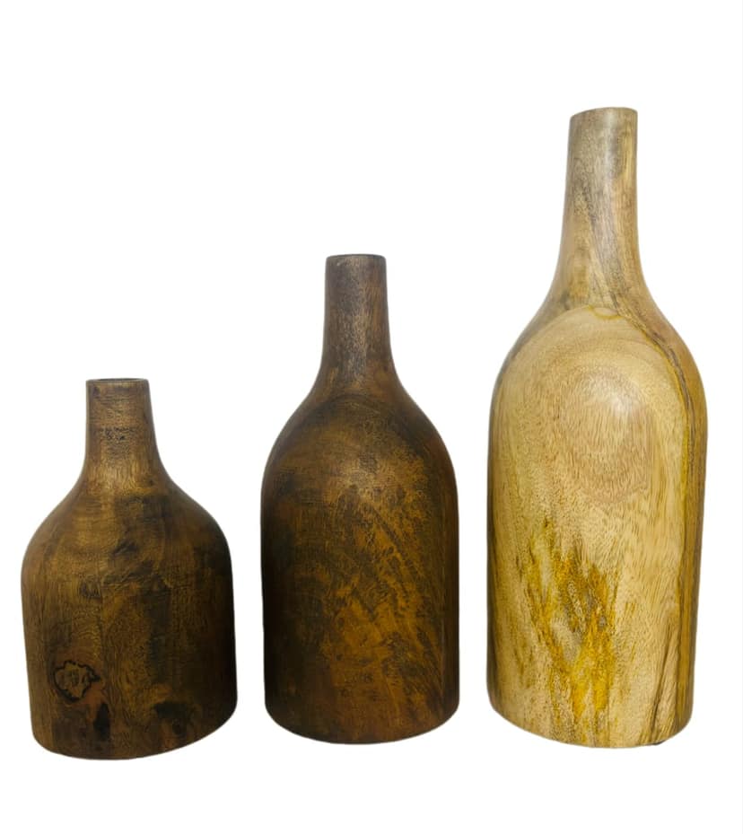 Wooden bottle shape flower pot set of 3 different sizes, wooden candle holder