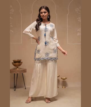 Juniper Women Tunic With Trousers Co-Ord Set ( Off White )