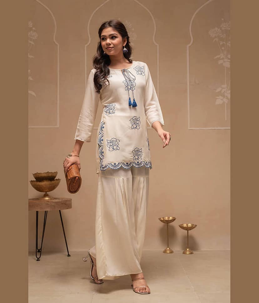Juniper Women Tunic With Trousers Co-Ord Set ( Off White ) view 2