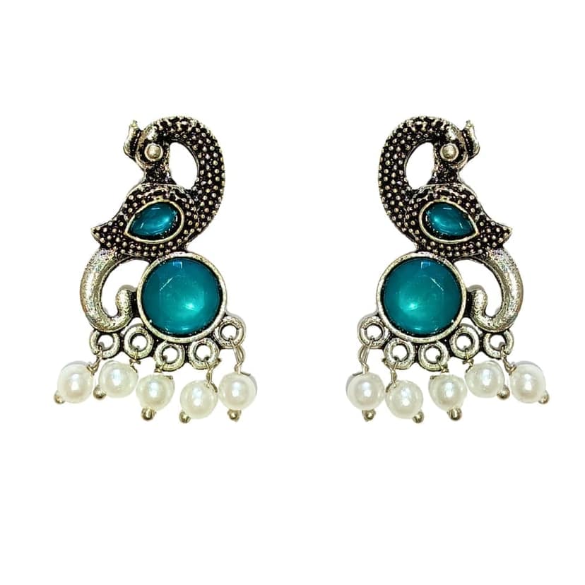 Jewelryklub Earrings For Women Oxidised Silver Peacock Shape Jhumki Earrings For Girls And Women (Green)