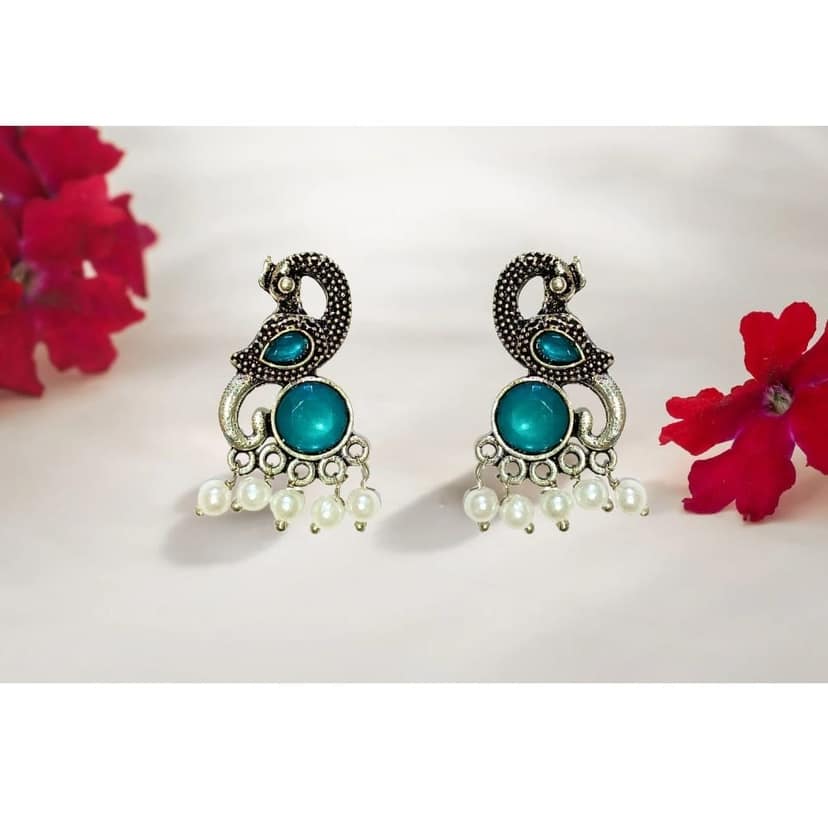 Jewelryklub Earrings For Women Oxidised Silver Peacock Shape Jhumki Earrings For Girls And Women (Green) view 4