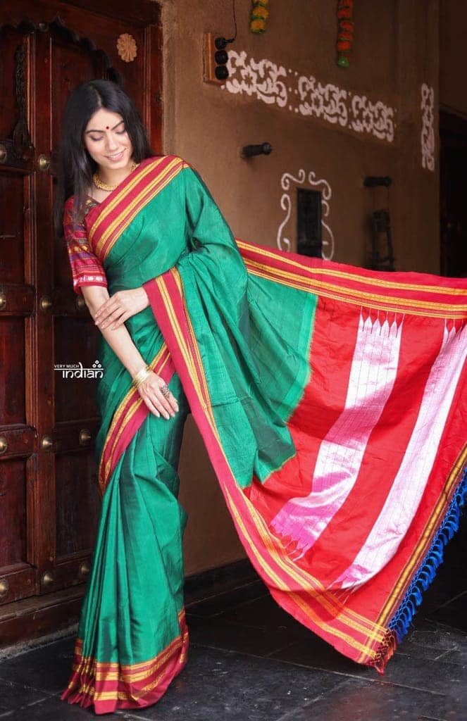 Handloom Cotton Viscose Ilkal Saree with Pure Resham Pallu - Dark Green with Red Border