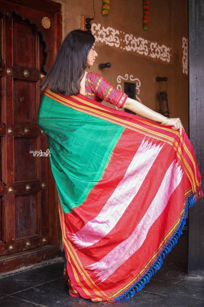 Handloom Cotton Viscose Ilkal Saree with Pure Resham Pallu - Dark Green with Red Border view 4