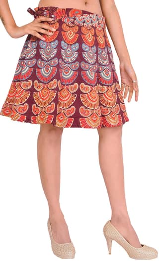 Burgundy Sanganeri Wrap-Around Mini-Skirt with Printed Motifs
