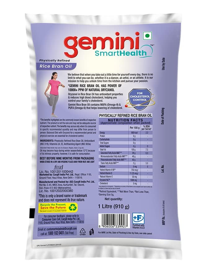GEMINI REFINED RICE BRAN OIL POUCH, 1000 ML view 2