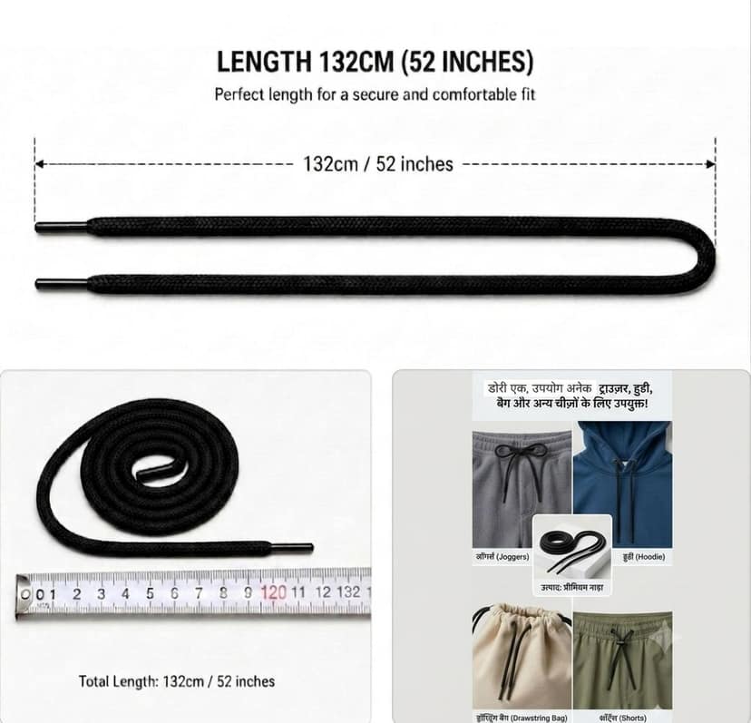 Black Durable Polyester Drawstring Replacement (132cm) for Hoodies & Pants view 2