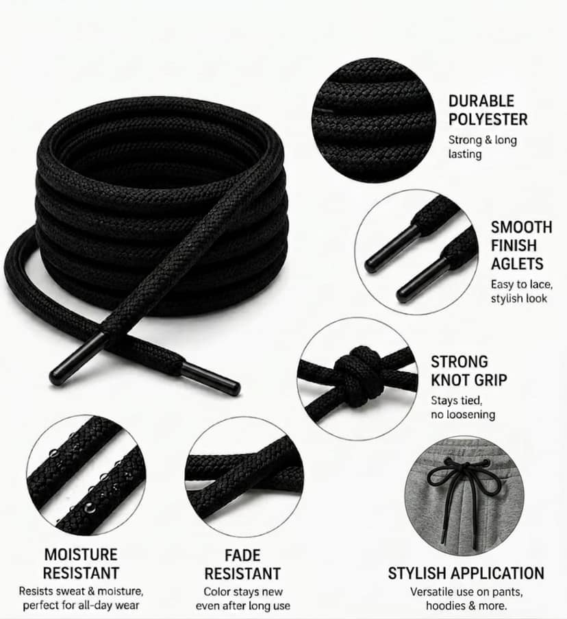 Black Durable Polyester Drawstring Replacement (132cm) for Hoodies & Pants view 3