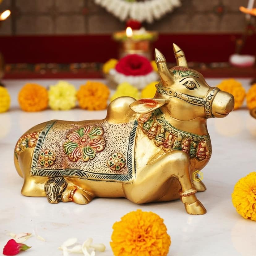 Brass Showpiece Nandi God Idol Statue - Antique Finish Spiritual Showpiece, Height : 7.2 Inch (BSMAS1532 D)